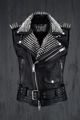 VEST JACKET HANDMADE Men Black Punk Silver Long Spiked Studded Leather Buttons Up Vest Silver Studs and Spikes Black Leather Studs Spike